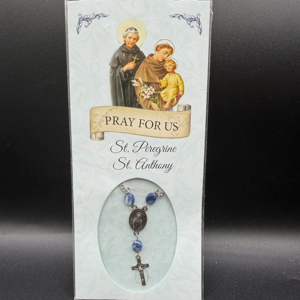 St Peregrine St Anthony Rosary Necklace Blue Beads Crucifix Catholic Prayer Gift